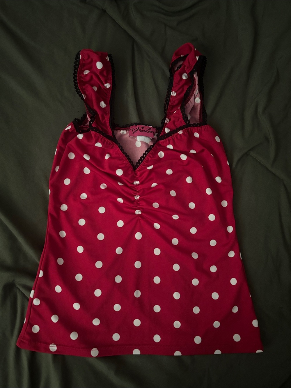 Polka Dot Red Camisole with Contrasting Lace Trim